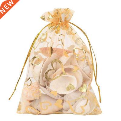 100Pcs 9x12cm Sheer Drawstring Heart Organza Jewelry Pouches