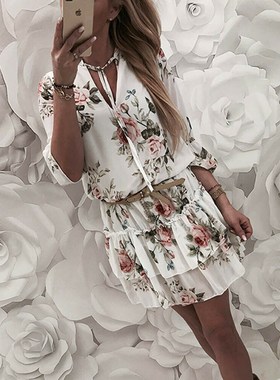 Vintage Women's Wrap Summer V-Neck Boho Floral Print Dress E