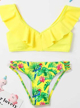 Tropical Floral Girl Swimsuit Kids Ruffle Bikini Set 7-14 Ye