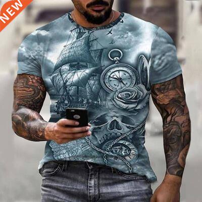 Retro Pirate Ship Sailor Compass Summer New Men's T-Shir