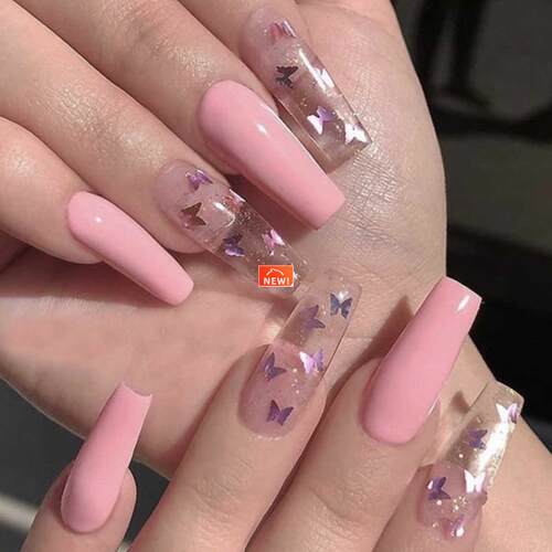24pcs Pink Butterfly Pattern Fake Nails Full cover Fake Nail