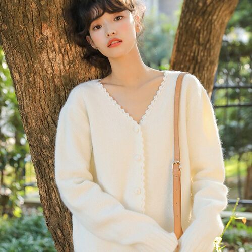 2021 autumn and winter new Korean lazy V-neck Angora cashmer
