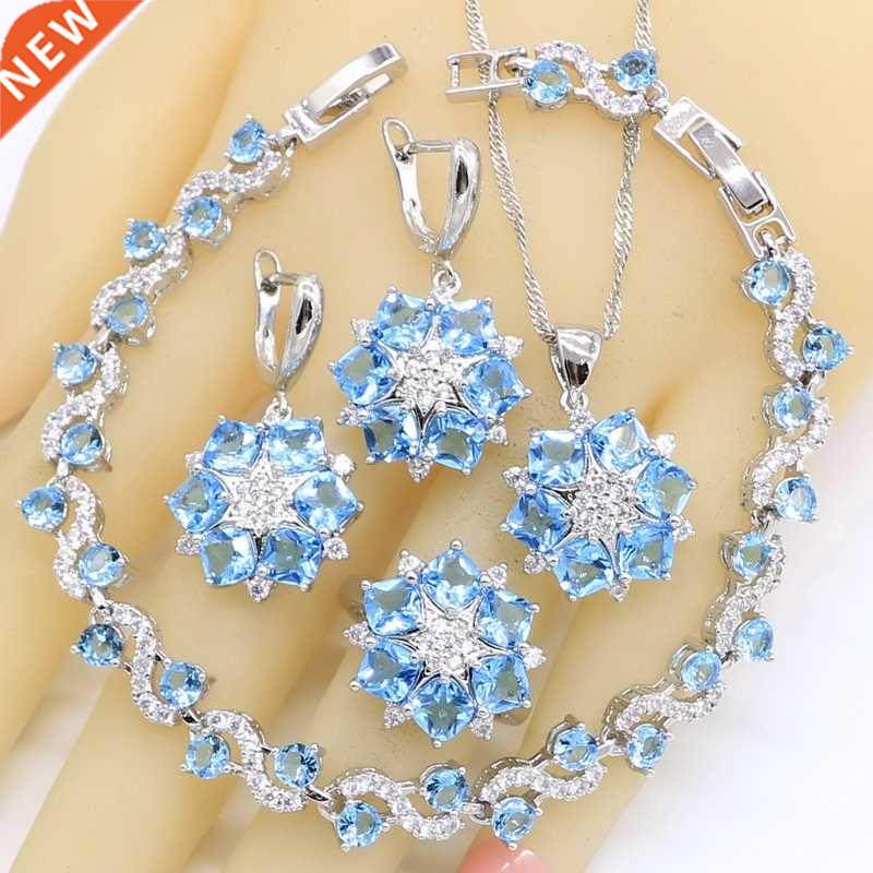 Sky Blue Topaz 925 Silver Wedding Jewelry Sets For Women Bra
