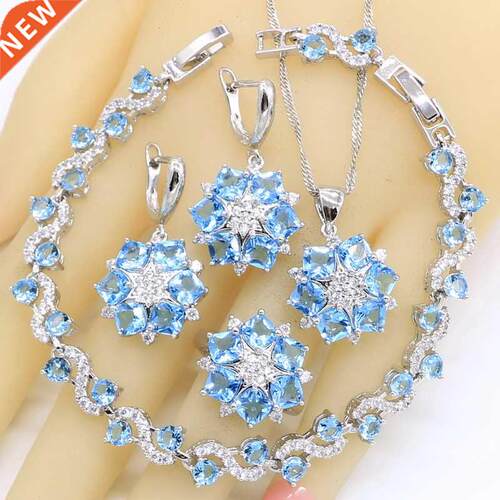 Sky Blue Topaz 925 Silver Wedding Jewelry Sets For Women Bra