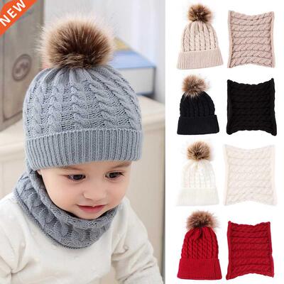 2Pcs/Set Baby Hat Fur Pompom Knitted Beanies Hats Winter War