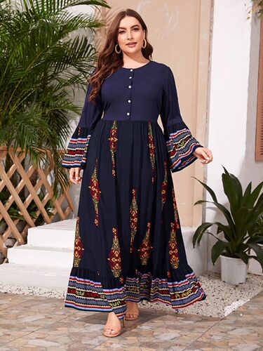 Autumn Dresses Women's O-Neck With Button Long-Sleeve Pr