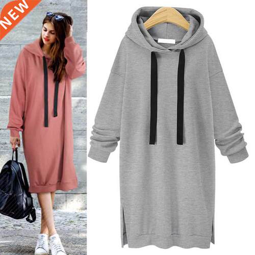 Women Loose Long Hoodie Casual Solid Color Hooded Sweatshirt