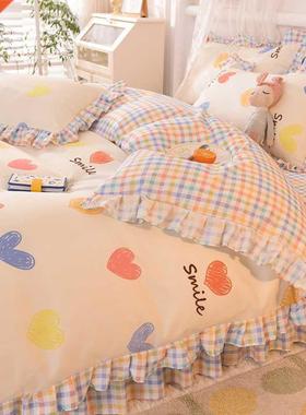 Ins Sweet Heart Bedding Set Cute Girls Lace Princess Bed She