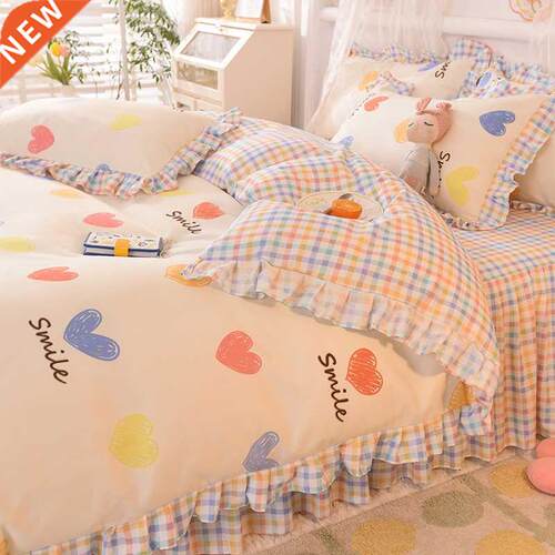 Ins Sweet Heart Bedding Set Cute Girls Lace Princess Bed She