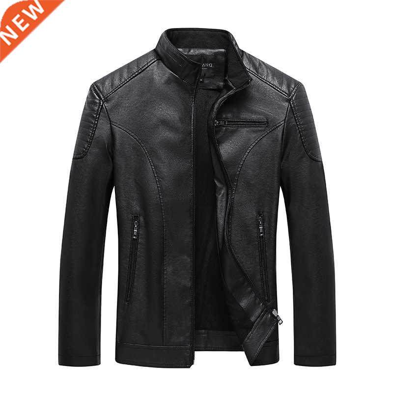 Mens Leather Jackets Stand Collar Fleece Leather Jacket for