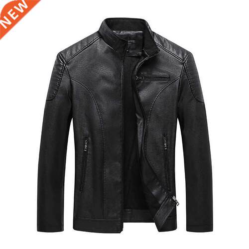 Mens Leather Jackets Stand Collar Fleece Leather Jacket for