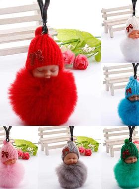 Cute sleeping baby keychain fake Fur Pom Pom Key Chain Women