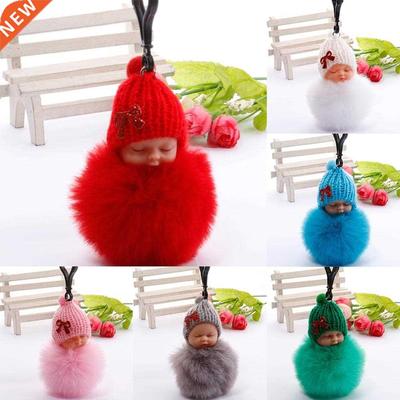 Cute sleeping baby keychain fake Fur Pom Pom Key Chain Women