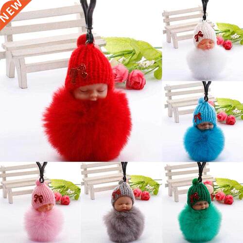 Cute sleeping baby keychain fake Fur Pom Pom Key Chain Women