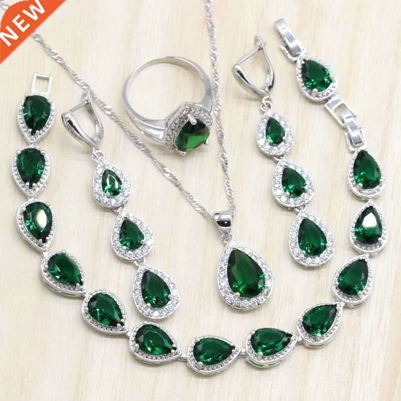 Silver Color Jewelry Sets Green Cubic Zircon Long Earrings/P