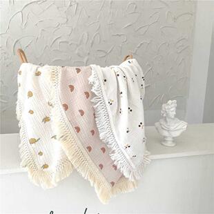 Printed Muin Tassel Swaddle Wrap Cotton Fringe Baby Blanke