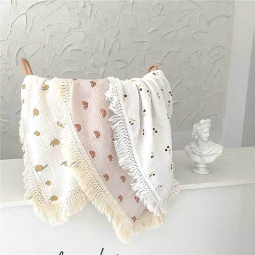 Printed Muin Tassel Swaddle Wrap Cotton Fringe Baby Blanke