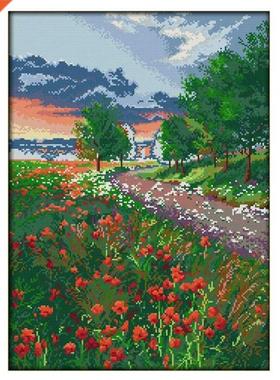 Handmade Cross Stitch A Field of Blooming Flower Scenery