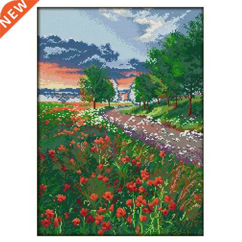 Handmade Cross Stitch A Field of Blooming Flower Scenery