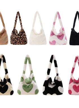 2021 Winter Love Heart Print Bags For Women Soft Plush Leopa