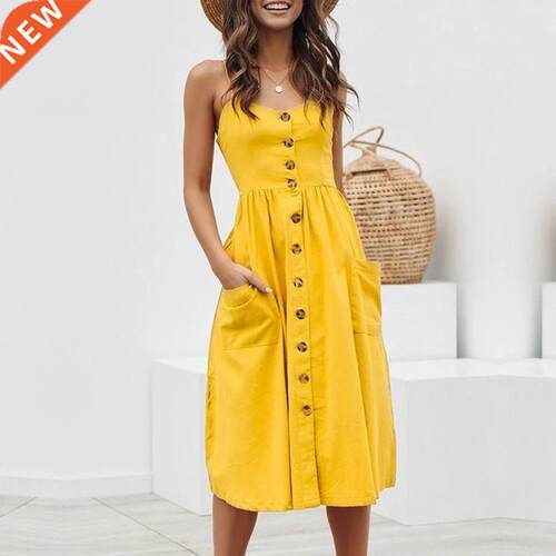 Casual Buttons Cotton Women Dresses Spaghetti Strap Midi Fem