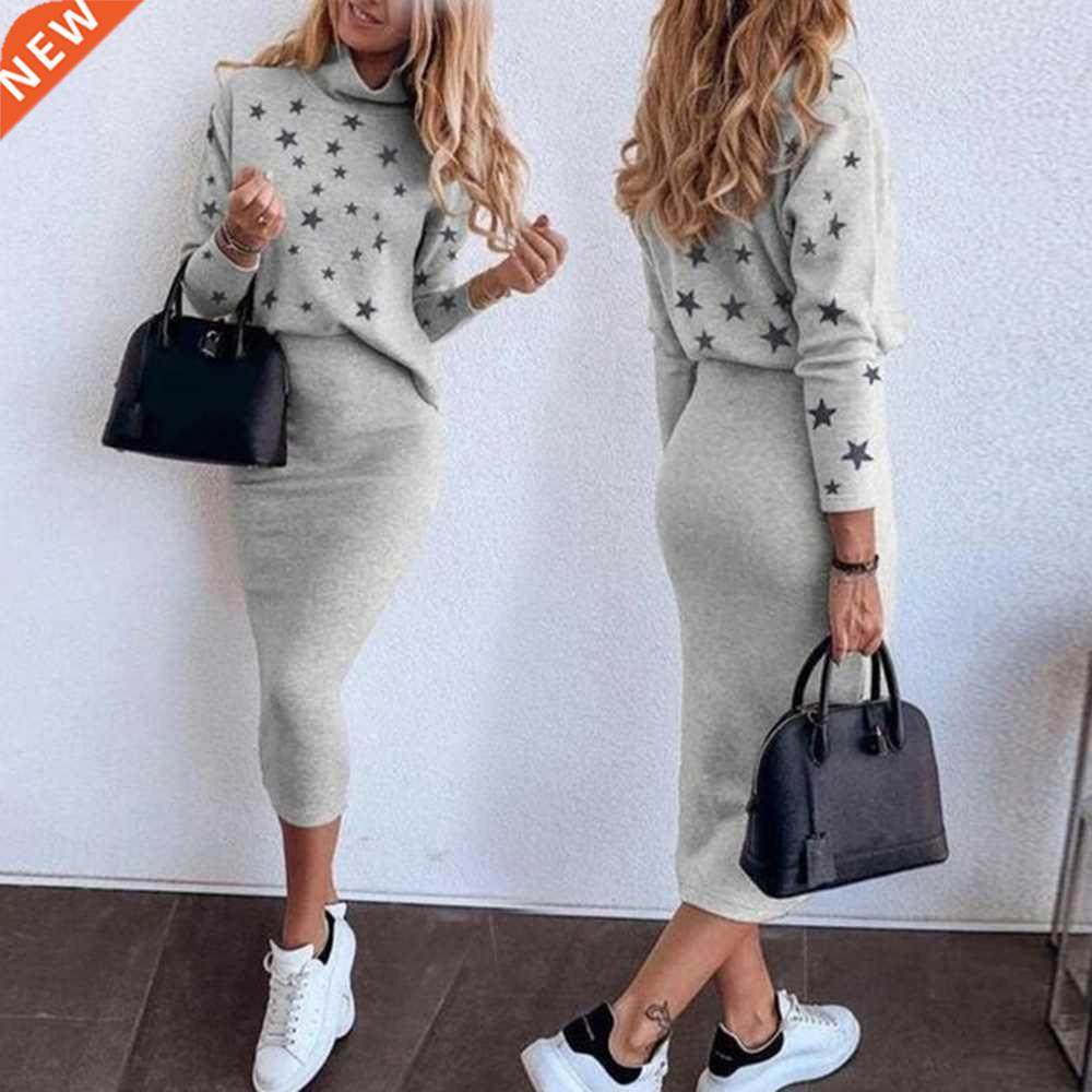 Women Casual 2 Piece Set Autumn Winter Turtleneck Long Sleev