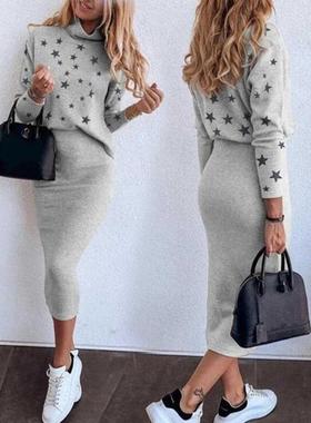 Women Casual 2 Piece Set Autumn Winter Turtleneck Long Sleev