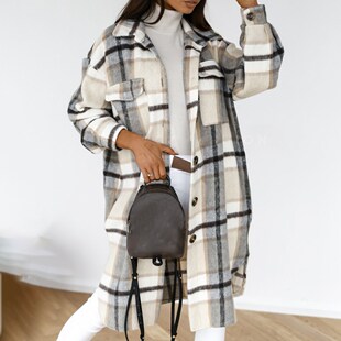 2021 Autumn Women Shirt Coat Fashion Plaid Printed Turn Down