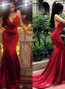 Red Satin Mermaid Prom Dresses Spaghetti Backless Sweep Trai