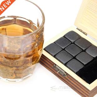 Whiskey Stones Set - 9 Granite Whiskey Rocks / Wooden Box /