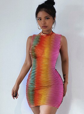 Hawthaw Women Summer Sleeveless See Through Bodycon Striped