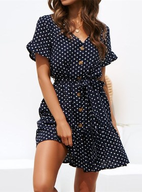 Women Summer Beach Chiffon Dress Casual Short Sleeve Polka D