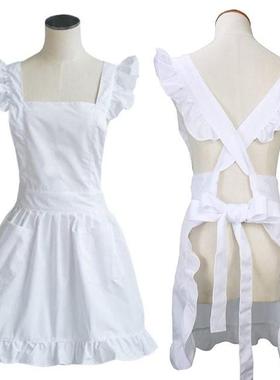 Womens Girls Ruffles Outline Retro White Apron Adjustable Vi