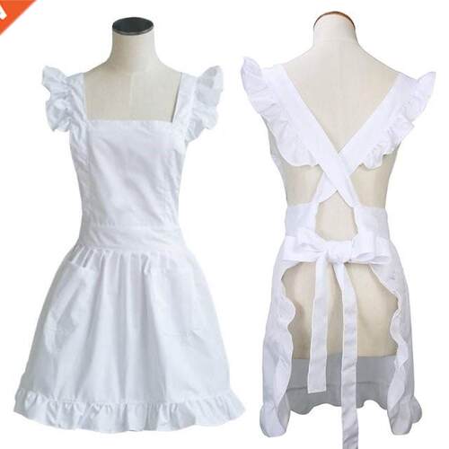 Womens Girls Ruffles Outline Retro White Apron Adjustable Vi