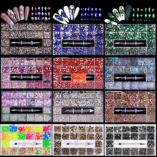FlorVida Nail Art Rhinestones Kit Acrylic Boxed 21 Grids Mix