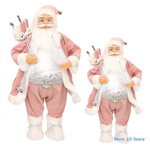 Christmas Pink Roe Santa Claus Figurine Doll Plush Standing