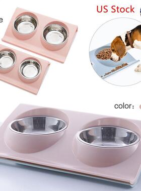Stainless Steel Double Dog Cat Bowls Splash-proof Pet Food W