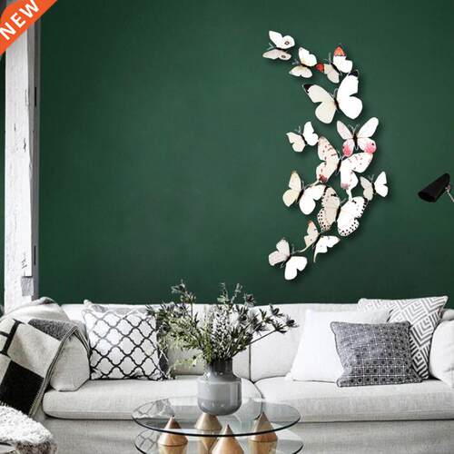 12pcs Peach Blossom White Butterfly 3D Wall Sticker Set Stic