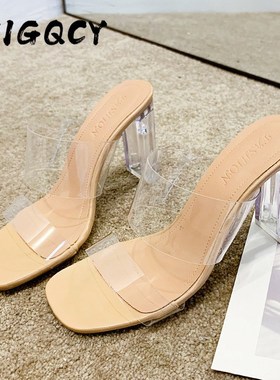 Transparent High Heels Women Square Toe Sandals Summer Shoes