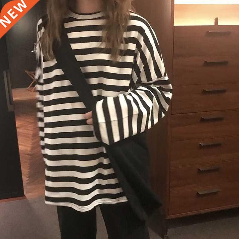 spring Autumn Women harajuku Striped Tshirt Long Sleeve O-Ne图片