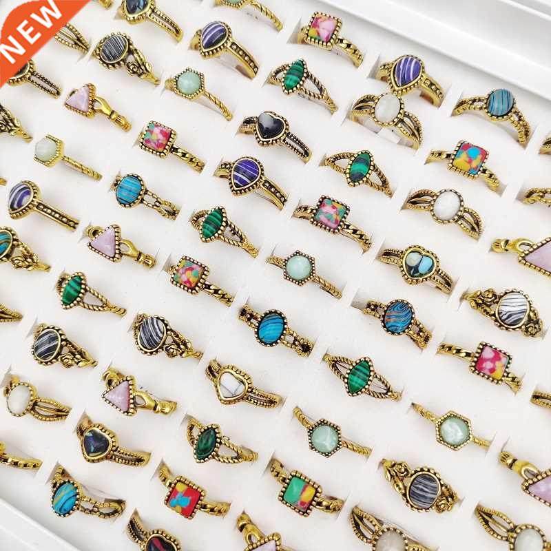 10Pcs/Lot Vintage Antique Gold Stone Ring for Women Men Mult