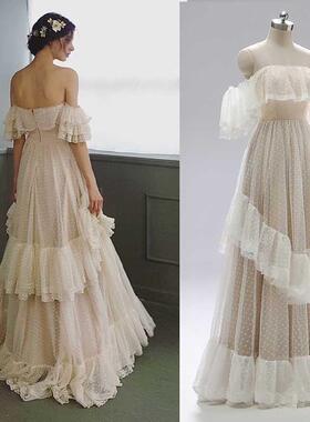 Off Shoulder Pka Dots Wedding Dress 2022 Tiered Lace Ruffl