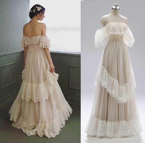 Off Shoulder Pka Dots Wedding Dress 2022 Tiered Lace Ruffl