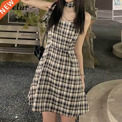 Jielur Summer High Waist Retro Plaid Women	s Dresses Casu
