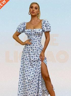 Dtsy Floral Prnt Puff Sleeve Te Front Hgh Splt Dress Wo