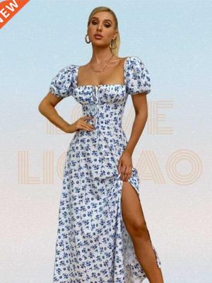 Dtsy Floral Prnt Puff Sleeve Te Front Hgh Splt Dress Wo