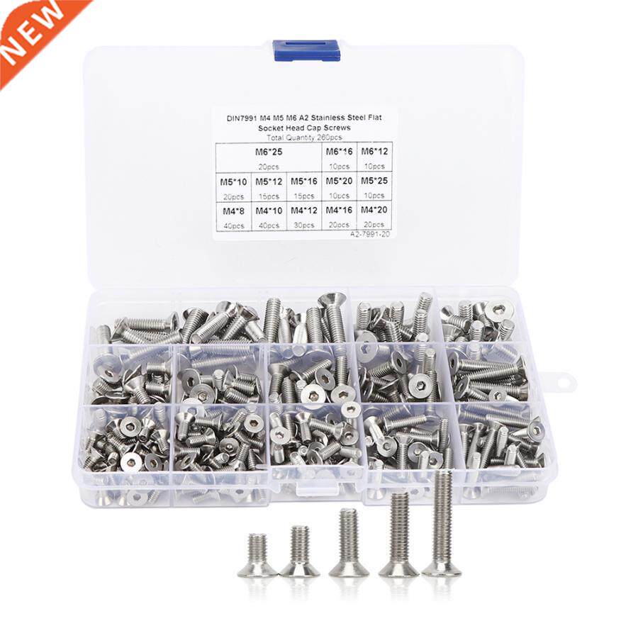 260Pcs Flat Screw Set M4/M5/M6 Hex Socket Stainless Steel 30