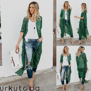 Women Chiffon Fashion Long Sleeves Beach Cardigan Dress Ladi