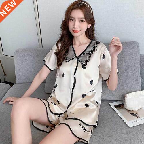 Women Spwear Set Summer Pajama Set Turn Down Collar Faux