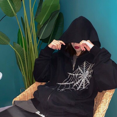Gothic rhinestone spider web hot rhinestone zipper hoodie co